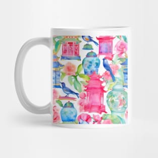 Pagodas, birds and chinoiserie jars in preppy colors Mug